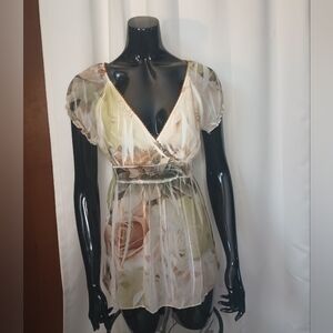 Vintage Body Central Y2K Fairy Babydoll Top Juniors Large Sheer Floral Tie Back